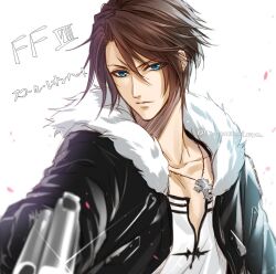 Rule 34 | 1boy, bishounen, black gloves, black jacket, blue eyes, brown hair, character name, commentary request, copyright name, expressionless, falling petals, final fantasy, final fantasy viii, foreshortening, fur-trimmed jacket, fur trim, gloves, gun, hand up, holding, holding gun, holding weapon, jacket, jewelry, long sleeves, male focus, murasaki aya, necklace, open clothes, open jacket, petals, scar, scar on face, shirt, short hair, solo, squall leonhart, translated, twitter username, upper body, v-neck, weapon, white background, white shirt