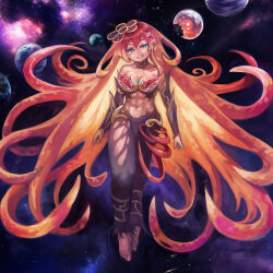 1girl abs barefoot bite_mark blue_eyes breasts duel_monster giant giantess hair_ornament long_hair medium_breasts muscular muscular_female nebula planet red_hair space traptrix_rafflesia yilx yu-gi-oh!