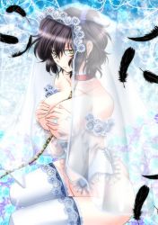 Rule 34 | 00s, black feathers, black hair, breasts, bridal veil, bride, chain, choker, collarbone, covering privates, covering breasts, detached sleeves, dress, feathers, gender request, genderswap, gilbert nightray, jewelry, pandora hearts, ring, short hair, sitting, thighhighs, veil, wedding, wedding dress, wedding lingerie, yellow eyes