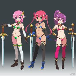 Rule 34 | 3girls, armor, bikini, bikini armor, breasts, full body, gloves, gradient background, green eyes, hand on own hip, high ponytail, holding, holding sword, holding weapon, long hair, mabius, multiple girls, navel, original, pink hair, pixel art, pointy ears, purple eyes, purple hair, red eyes, short hair, simple background, small breasts, standing, swimsuit, sword, thighhighs, twintails, very long hair, weapon