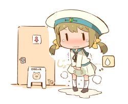 Rule 34 | 1girl, black eyes, black footwear, black ribbon, blue sailor collar, blush, bow, brown hair, chibi, closed mouth, clothes writing, copyright name, door, embarrassed, english text, error musume, female focus, full body, girl holding a cat (kancolle), hair bow, hanomido, hat, have to pee, indoors, japanese text, kantai collection, kneehighs, long sleeves, miniskirt, neck ribbon, nose blush, own hands together, peeing, peeing self, pigeon-toed, pleated skirt, puddle, ribbon, sailor collar, school uniform, serafuku, shoes, sign, skirt, socks, solid oval eyes, solo, standing, steam, tears, thought bubble, translation request, trembling, twintails, v arms, wavy mouth, wet, wet clothes, whit skirt, white hat, white skirt, white socks, yellow bow