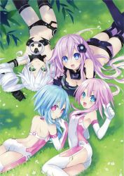 Rule 34 | 4girls, absurdres, back, back muscles, bare shoulders, black sister, blue eyes, blue hair, bodysuit, boots, breasts, cleavage, drill hair, exited, gloves, grass, green eyes, happy, highres, long hair, medium breasts, multiple girls, navel, nepgear, neptune (series), official art, open mouth, pink eyes, pink hair, purple sister, ram (neptunia), rom (neptunia), short hair, small breasts, smile, surprised, thighs, tree, tsunako, tsundere, twin drills, twintails, uni (neptunia), white hair, white sister ram, white sister rom