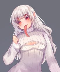 Rule 34 | ad-6-0001a, blunt bangs, borrowed character, breasts, cleavage, grey background, head tilt, highres, long hair, long tongue, looking at viewer, medium breasts, meme attire, mony (mong12345678910), open-chest sweater, pointy ears, project a.d.a., red eyes, ribbed sweater, silver hair, sleeves past wrists, solo, sweater, tongue, tongue out, turtleneck, turtleneck sweater, white sweater
