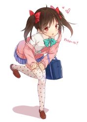 Rule 34 | 10s, 1girl, :o, bag, bent over, blue bow, blue skirt, bow, bowtie, brown hair, english text, full body, hair bow, heart, heart print, hitsukuya, loafers, looking at viewer, love live!, love live! school idol project, nico nico nii, no nose, off shoulder, patterned legwear, pleated skirt, print thighhighs, red bow, red eyes, romaji text, school bag, school uniform, shoes, simple background, skirt, solo, standing, standing on one leg, thighhighs, thighhighs pull, twintails, white background, yazawa nico