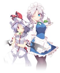 Rule 34 | 2girls, apron, bat wings, blue eyes, blush, bow, braid, clover, collaboration, four-leaf clover, frills, hat, hat bow, izayoi sakuya, jewelry, kuresento, light purple hair, long sleeves, looking at another, maid headdress, mob cap, multiple girls, one eye closed, pantyhose, puffy sleeves, red eyes, remilia scarlet, ring, satou kibi, shirt, short hair, short sleeves, silver hair, skirt, skirt set, smile, teapot, touhou, transparent background, tray, twin braids, vest, waist apron, wings, wrist cuffs