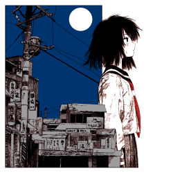 Rule 34 | 1girl, absurdres, album cover, arms at sides, arrow (symbol), black hair, black sailor collar, blue background, blue eyes, bright pupils, building, cover, cowboy shot, crosshatching, from side, full moon, hatching (texture), highres, limited palette, long sleeves, medium hair, moon, neckerchief, night, original, parted lips, pleated skirt, power lines, profile, red neckerchief, sailor collar, school uniform, second-party source, serafuku, skirt, sky, solo, utility pole, wet face, white pupils, whr2aa8k2vsfbx8