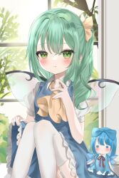 Rule 34 | 1girl, ascot, blue dress, blue hair, cirno, closed mouth, daiyousei, doll, dress, fairy wings, green eyes, green hair, hair ribbon, highres, indoors, knees up, long hair, looking at viewer, okome2028, ribbon, short hair, side ponytail, sitting, solo, thighhighs, touhou, white thighhighs, window, wings, yellow ascot, yellow ribbon