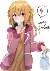 Rule 34 | 1girl, absurdres, alternate costume, bag, blonde hair, breasts, collarbone, commentary request, covered mouth, cowboy shot, crown hair ornament, dated, dress, flandre scarlet, food, hair between eyes, hand up, heart, highres, holding, holding bag, holding food, jacket, kaeremu, light blush, looking at viewer, medium hair, no headwear, one side up, pink eyes, pink jacket, popsicle, signature, simple background, small breasts, solo, spoken heart, touhou, white background, yellow dress