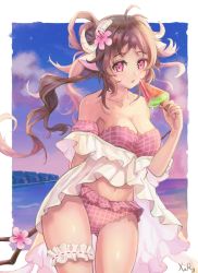 Rule 34 | 1girl, animal ears, antenna hair, arknights, artist name, bikini, border, breasts, brown hair, cleavage, cowboy shot, eyjafjalla (arknights), eyjafjalla (summer flower) (arknights), flower, food, hair flower, hair ornament, highres, holding, holding food, holding staff, horns, long hair, medium breasts, navel, off-shoulder bikini, off shoulder, official alternate costume, outdoors, outside border, parted lips, pink bikini, pink eyes, pink flower, popsicle, sarong, sheep ears, sheep horns, sheep tail, small breasts, solo, staff, swimsuit, tail, thigh strap, thighs, watermelon bar, white border, white sarong, xary