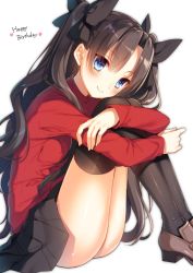 Rule 34 | 1girl, black hair, black skirt, black thighhighs, blue eyes, english text, fate/stay night, fate (series), hair ribbon, happy birthday, highres, long hair, pleated skirt, ribbon, shiny skin, sitting, skirt, smile, solo, sweater, thighhighs, tohsaka rin, toosaka asagi, twintails, two side up