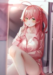 Rule 34 | 1girl, absurdres, ahoge, alternate costume, blush, breasts, brushing teeth, collarbone, commentary request, feet out of frame, hair between eyes, highres, holding, holding toothbrush, hololive, knee up, large breasts, long hair, long sleeves, no pants, nyan (reinyan 007), on floor, one side up, oversized clothes, oversized shirt, pink hair, pink shirt, sakura miko, shirt, sidelocks, sitting, sleepwear, solo, thighs, toothbrush, toothbrush in mouth, virtual youtuber, yellow eyes