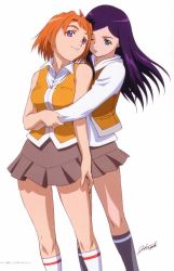 Rule 34 | 00s, 2girls, hisayuki hirokazu, hug, hug from behind, kuga natsuki, multiple girls, my-hime, orange shirt, school uniform, serafuku, shirt, tokiha mai