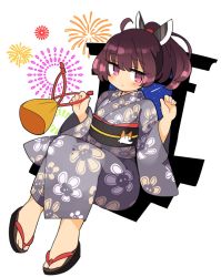 Rule 34 | 1girl, ahoge, alternate costume, black footwear, black sash, brown eyes, brown hair, closed mouth, fireworks, floral print, fox print, full body, grey kimono, headgear, highres, holding, ini (inunabe00), japanese clothes, kimono, long sleeves, looking at viewer, obi, ponytail, sandals, sash, short hair, simple background, sitting, sky, solo, star (sky), starry sky, touhoku kiritan, voiceroid, white background, wide sleeves