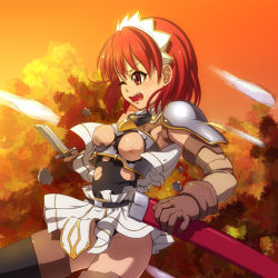 Rule 34 | 00s, 1girl, armor, breasts, cecily cambell, gloves, large breasts, leotard, nipples, red eyes, red hair, seiken no blacksmith, sheath, short hair, solo, sword, takeda yukimura, thighhighs, torn clothes, weapon