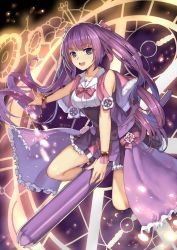 Rule 34 | 1girl, bell, blush, bow, highres, long hair, looking at viewer, magical girl, musyne xsk, open mouth, original, personification, pink bow, purple eyes, purple hair, sketch, smile, solo, teeth, twintails