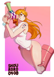 Rule 34 | 1girl, adapted costume, alternate costume, artist name, bare legs, bare shoulders, boots, bracelet, breasts, egghead island, full body, gradient background, gun, headphones, highleg, highleg leotard, highres, holding, holding gun, holding weapon, jewelry, jumping, knee boots, large breasts, leotard, long hair, looking to the side, nami (one piece), nami (one piece) (egghead), official alternate costume, one piece, orange eyes, orange hair, outside border, pink background, pink footwear, revealing clothes, science fiction, shiny skin, shoulder tattoo, shouroro, simple background, solo, tattoo, thighs, thong leotard, weapon, white leotard, wide hips