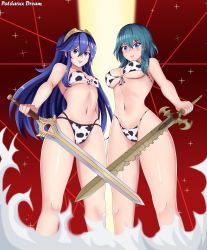 Rule 34 | 2021, 2girls, absurdres, animal print, bikini, breasts, byleth (female) (fire emblem), byleth (fire emblem), chinese zodiac, cow print, falchion (fire emblem), fire emblem, fire emblem: three houses, fire emblem awakening, fire emblem heroes, happy new year, highres, holding, holding sword, holding weapon, kill la kill, long hair, lucina (fire emblem), multiple girls, navel, new year, nintendo, patdarux, print bikini, super smash bros., swimsuit, sword, weapon, year of the ox