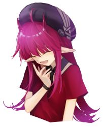 Rule 34 | 1girl, ahoge, ambience synesthesia, arknights, bracelet, detached collar, closed eyes, fang, hat, hemorina, highres, horns, jewelry, nail polish, necktie, official alternate costume, pointy ears, red hair, smile, upper body, vigna (arknights), vigna (black wave) (arknights)