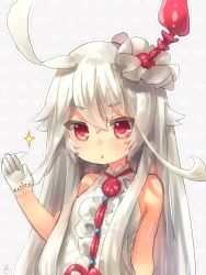 Rule 34 | 10s, 1girl, albino, bad id, bad pixiv id, bare arms, bare shoulders, choko (last period), dress, gloves, hair ornament, highres, last period, long hair, looking at viewer, red eyes, sawatari (sado), solo, sparkle, upper body, very long hair, white dress, white gloves, white hair