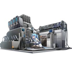 Rule 34 | 1girl, ahoge, black ribbon, blue eyes, blue hair, breasts, cable, computer, d:, dress, electricity, frown, full body, game cg, girls&#039; frontline, girls&#039; frontline neural cloud, hair between eyes, hair ribbon, highres, laptop, long hair, machinery, max (neural cloud), no shoes, off shoulder, official art, open mouth, ribbon, sidelocks, sitting, small breasts, solo, sweat, thighhighs, torn clothes, torn thighhighs, transparent background, twintails, typing, very long hair, wariza, white dress
