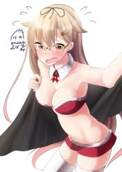Rule 34 | 10s, 1girl, 2016, artist name, bare shoulders, bespectacled, blonde hair, blush, breasts, cape, cleavage, collarbone, dated, detached collar, embarrassed, glasses, hair flaps, hair ornament, hair tie, hairclip, kantai collection, long hair, medium breasts, nekobaka, open mouth, red shorts, shorts, simple background, solo, thighhighs, twitter username, white background, white thighhighs, yuudachi (kancolle), yuudachi kai ni (kancolle), zettai ryouiki