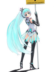 Rule 34 | 1girl, aqua eyes, aqua hair, boots, elbow gloves, from behind, full body, gloves, goodsmile company, grapepop, hatsune miku, high heels, highres, leotard, long hair, race queen, racing miku, racing miku (2013), shoes, simple background, solo, thigh boots, thighhighs, twintails, very long hair, vocaloid, white background