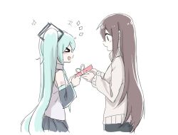 Rule 34 | &gt; &lt;, 2girls, ^^^, aqua eyes, aqua hair, aqua necktie, bare shoulders, black skirt, black sleeves, box, brown hair, commentary, detached sleeves, facing another, from side, gift, gift box, giving, grey shirt, hair ornament, hatsune miku, long hair, master (vocaloid), multiple girls, necktie, nejikyuu, open mouth, shirt, shoulder tattoo, skirt, sleeveless, sleeveless shirt, smile, sweater, tattoo, turtleneck, turtleneck sweater, twintails, upper body, very long hair, vocaloid