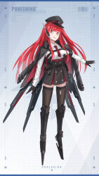 Rule 34 | 0x4682b4, 1girl, alternate costume, black jacket, black skirt, collared shirt, copyright name, floating, floating object, floating weapon, hat, highres, jacket, long hair, long sleeves, mechanical hands, mechanical legs, military hat, necktie, peaked cap, punishing: gray raven, red eyes, red hair, red jacket, red necktie, shirt, skirt, solo, two-sided fabric, two-sided jacket, vera (punishing: gray raven), white hair