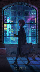 Rule 34 | 1girl, absurdres, black coat, black pants, bob cut, box, brick wall, briefcase, brown hair, building, cardboard box, city, coat, cup, disposable coffee cup, disposable cup, earrings, from side, full body, high heels, highres, holding, holding briefcase, holding cup, indoors, jewelry, long coat, long sleeves, looking ahead, neon lights, night, original, pants, pasoputi, rain, short hair, solo, sticker, tile floor, tiles, trash, turtleneck, walking, window, window shadow