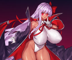 Rule 34 | 1girl, :o, alternate breast size, bb (fate), bb (fate) (all), bb (swimsuit mooncancer) (fate), bb (swimsuit mooncancer) (third ascension) (fate), bow, breasts, coat, cowboy shot, dark-skinned female, dark skin, fate/grand order, fate (series), gloves, hair bow, huge breasts, leotard, long hair, long sleeves, looking at viewer, melon22, purple background, purple hair, red eyes, solo, thick thighs, thighs, white gloves, white leotard