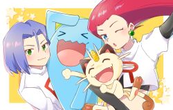 Rule 34 | 1boy, 1girl, blue eyes, blue hair, closed eyes, creatures (company), game freak, gen 1 pokemon, gen 2 pokemon, green eyes, james (pokemon), jessie (pokemon), meowth, nintendo, one eye closed, open mouth, pokemon, pokemon (anime), pokemon (classic anime), pokemon (creature), red hair, smile, team rocket, umapoi, wobbuffet, yellow background
