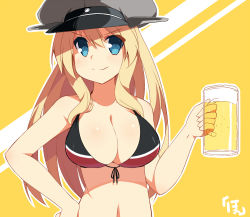 Rule 34 | 10s, 1girl, alcohol, beer, beer mug, bikini, bikini top only, bismarck (kancolle), blonde hair, blue eyes, breasts, cleavage, cup, hand on own hip, hoppege, kantai collection, large breasts, long hair, mug, smile, solo, swimsuit