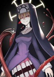 Rule 34 | 1girl, absurdres, cross, cross necklace, crown, double (skullgirls), extra eyes, extra mouth, closed eyes, glowing, glowing eyes, habit, highres, jewelry, monster girl, necklace, nun, red eyes, skullgirls, smile, solo, ziu