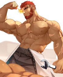 2boys abs bara beard biceps black_pants brown_eyes closed_mouth facial_hair flaming_eye flexing hephaestus_(housamo) hidora_art highres large_pectorals looking_at_viewer male_focus mature_male multiple_boys muscular muscular_male navel nipples pants pectorals red_hair scar short_hair solo_focus thick_eyebrows tokyo_houkago_summoners topless_male undercut