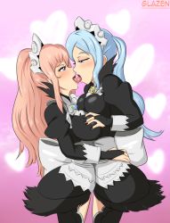 Rule 34 | 2girls, black nails, blue eyes, blue hair, blush, grabbing another&#039;s breast, breasts, bridal gauntlets, dress, felicia (fire emblem), female focus, fire emblem, fire emblem fates, flora (fire emblem), french kiss, glazinbuns, grabbing, hair ornament, heart, incest, intelligent systems, kiss, large breasts, long hair, maid, maid headdress, multiple girls, nail polish, nintendo, pink hair, ponytail, saliva, shiny clothes, shiny skin, siblings, sisters, thick thighs, thighhighs, thighs, tongue, torso grab, twincest, twins, very long hair, yuri