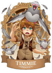 Rule 34 | 1boy, banner, bird, brown hair, character name, commentary, creatures (company), crossover, dove, english commentary, feathers, game freak, gen 5 pokemon, genshin impact, green eyes, hair between eyes, looking up, nintendo, pidove, pokemon, pokemon (creature), ry-spirit, shirt, short hair, short sleeves, sidelocks, tears, timmie (genshin impact), vest
