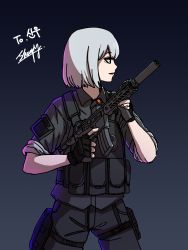 Rule 34 | 1girl, black background, black gloves, black pants, collared shirt, commission, copyright request, cowboy shot, fingerless gloves, gloves, gradient background, grey hair, grey shirt, gun, highres, holding, holding gun, holding weapon, looking away, pants, parted lips, profile, rifle, sharpy (kdy000913), shirt, short sleeves, sig mcx, solo, weapon, weapon request