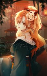 Rule 34 | 1girl, absurdres, architecture, bare shoulders, bow, bubble, commission, commissioner upload, destiny (riftdevils), east asian architecture, fireworks, flower, hair flower, hair ornament, hair over one eye, high ponytail, highres, japanese clothes, kimono, long hair, naru 0, original, pixiv commission, red eyes, red hair, scenery, solo, very long hair