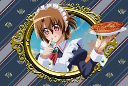 Rule 34 | 1girl, apple pie, apron, blush, brown hair, dress, folded ponytail, food, hayate no gotoku!, highres, holding, holding food, long hair, maid, maid apron, maid headdress, maria (hayate no gotoku!), pie, red eyes, sky, solo, sunset, tongue, tongue out