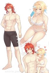 Rule 34 | 1boy, 1girl, abs, bikini, black male swimwear, blonde hair, breasts, closed eyes, diluc (genshin impact), flower, food, genshin impact, hair between eyes, hair flower, hair ornament, highres, holding, holding food, holding ice cream, ice cream, large breasts, long hair, lumine (genshin impact), male swimwear, mirin pengin, muscular, muscular male, navel, ponytail, red eyes, red hair, stomach, swimsuit, topless male, white bikini, yellow eyes