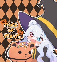 Rule 34 | 1girl, animal ears, argyle, argyle background, argyle clothes, arknights, bear ears, black hat, black jacket, blue eyes, blue hair, candy, candy cane, candy corn, commentary, english commentary, food, hair between eyes, halloween bucket, hat, heterochromia, holding, jack-o&#039;-lantern, jacket, kurotofu, long hair, long sleeves, multicolored hair, red eyes, rosa (arknights), short eyebrows, silver hair, sleeves past wrists, solo, streaked hair, thick eyebrows, trick or treat, very long hair, wide sleeves, witch hat