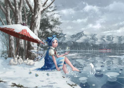 Rule 34 | 1girl, barefoot, blue eyes, blue hair, blush, blush stickers, bow, rabbit, cirno, cloud, commentary, dress, forest, frog, frown, frozen, frozen frog, hair bow, ice, ice wings, lake, lily pad, looking at viewer, looking to the side, magic, mansion, mountain, nagi (xx001122), nature, neck ribbon, parasol, ribbon, scarlet devil mansion, scenery, short hair, sitting, sky, snow, solo, embodiment of scarlet devil, touhou, tree, umbrella, water, wings, winter