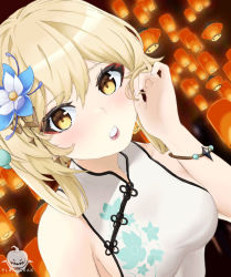 Rule 34 | 1girl, bare shoulders, blonde hair, blush, breasts, china dress, chinese clothes, cleavage, dress, eyeliner, flower, genshin impact, hair flower, hair ornament, highres, looking at viewer, lumine (genshin impact), makeup, medium breasts, medium hair, open mouth, planterak draws, sidelocks, solo, thighs, white dress, yellow eyes