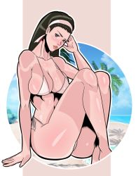 Rule 34 | 1girl, ass, beach, bikini, black eyes, black hair, blush, body blush, breasts, cleavage, forehead, hairband, kagura chizuru, large breasts, legs, long hair, pululito, shiny skin, skindentation, snk, swimsuit, the king of fighters, thick lips, thick thighs, thighs