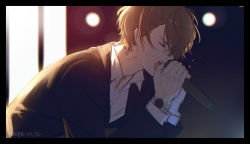 Rule 34 | black border, black jacket, blurry, blurry background, border, brown hair, closed eyes, collared shirt, depth of field, dress shirt, from side, highres, holding, holding microphone, isshiki (ffmania7), jacket, kagami hayato, leaning forward, long sleeves, male focus, microphone, nijisanji, open mouth, shirt, solo, sweat, translation request, two-handed, v-shaped eyebrows, virtual youtuber, white shirt