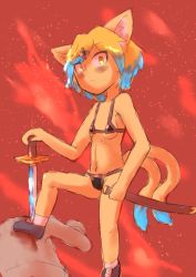 Rule 34 | blonde hair, cat, furry, highres, multiple tails, seconds (2&#039;s), short hair, tail, two tails