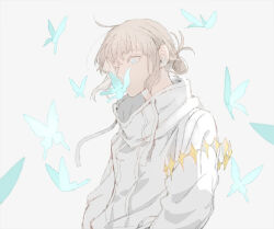 Rule 34 | 1boy, blue butterfly, blue eyes, bug, butterfly, crown, eyelashes, fate/grand order, fate (series), insect, insect on face, jacket, kisaragi kokoro (hazuki), long sleeves, male focus, medium hair, oberon (fate), oberon (refreshing summer prince) (fate), official alternate costume, smile, solo, upper body, white jacket, wide-eyed