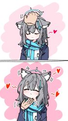 1girl 2koma 525_woiwo animal_ear_fluff animal_ears blue_archive blue_jacket blue_scarf blush closed_eyes closed_mouth comic cross cross_hair_ornament disembodied_hand extra_ears grey_hair hair_ornament halo headpat heart highres inverted_cross jacket medium_hair open_clothes open_jacket scarf shiroko_(blue_archive) shirt sidelocks white_shirt wolf_ears wolf_girl