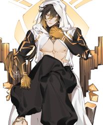 Rule 34 | 1boy, absurdres, baggy pants, bare pectorals, black hair, brown hair, clenched hands, cloak, closed mouth, crossed legs, genshin impact, hair between eyes, hand on own cheek, hand on own face, highres, hood, hood up, hooded cloak, long hair, looking at viewer, male focus, multicolored hair, pants, pectorals, ponytail, riu (mybloodynails), simple background, smile, solo, toned, white background, yellow eyes, zhongli (archon) (genshin impact), zhongli (genshin impact)