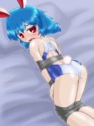 Rule 34 | 1girl, animal ears, ass, bdsm, blue hair, blush, bondage, bound, bound arms, bound legs, rabbit ears, rabbit tail, competition swimsuit, duct tape, looking at viewer, one-piece swimsuit, red eyes, seiran (touhou), solo, swimsuit, tail, tears, touhou, winn